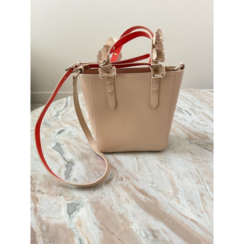 Zara Beige Faux Leather Tote Bag with Flower Appliqué Red Interior Zip Top